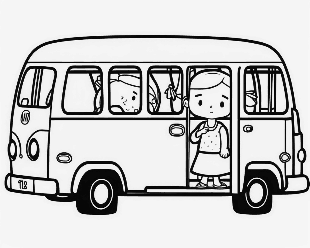 Színező egy kisbusszal, nyitott ajtajában kislánnyal, ablakában egy másik gyerekkel